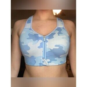 Front-Zip Light Blue Camo Sports Bra - Women Intimates